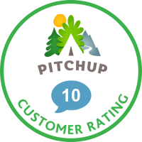 Kundenbewertung von Pitchup: 10 Punkte, umgeben von Naturmotiven.